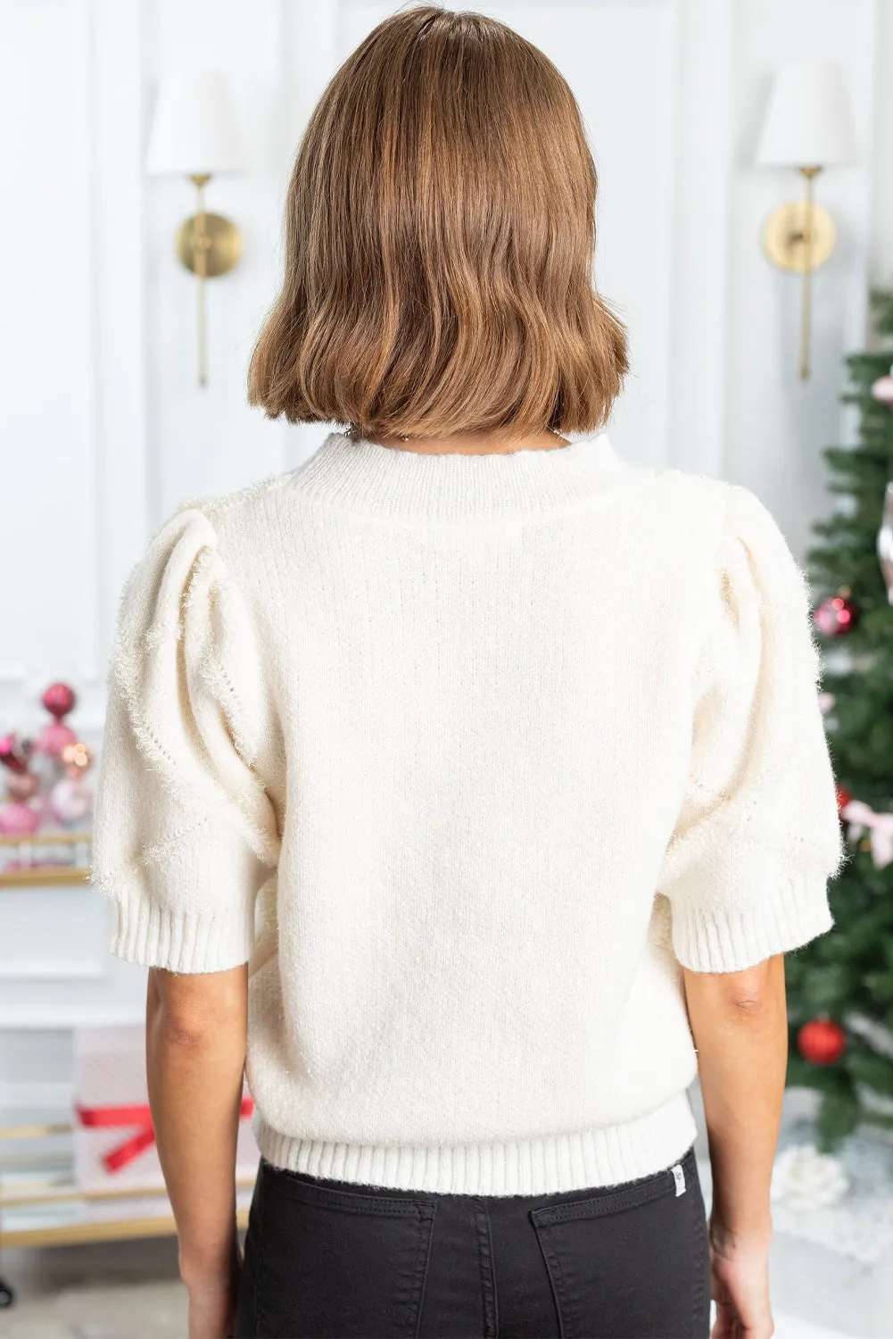 White Ribbed Trim Rhombus Pattern Short Sleeve Sweater
