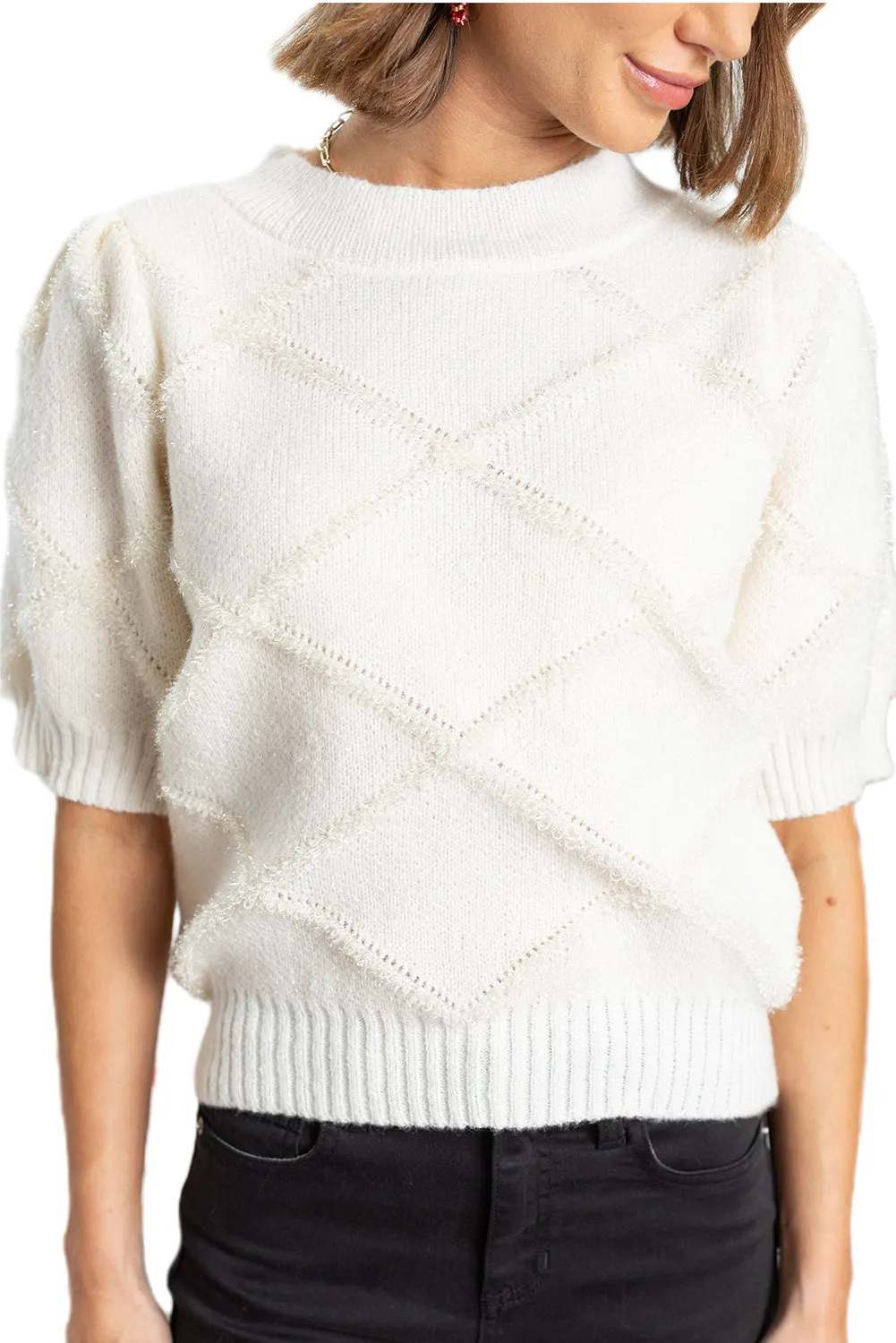 White Ribbed Trim Rhombus Pattern Short Sleeve Sweater