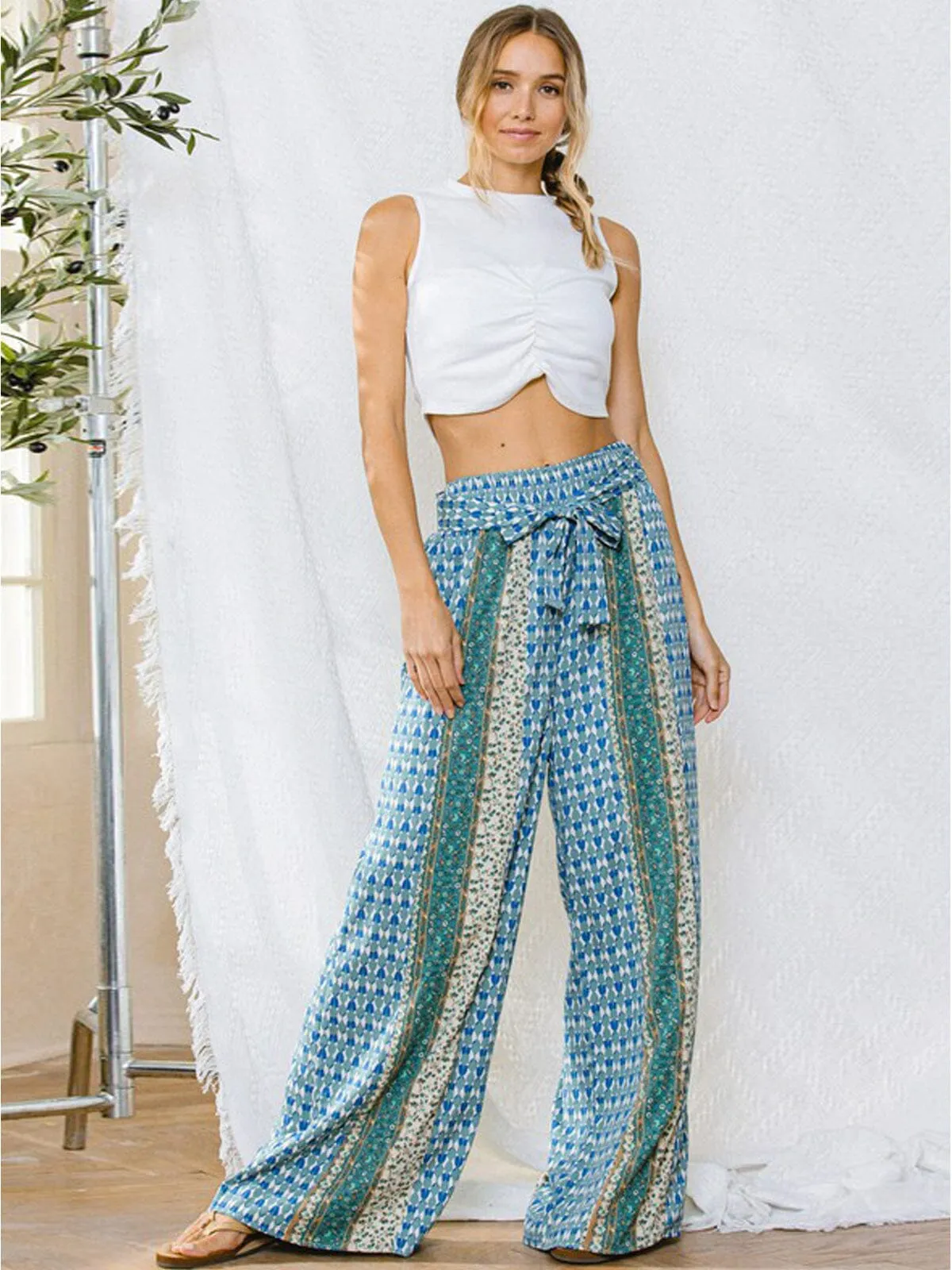 WIDE LEG MULTI PRINT SELF TIE PANTS