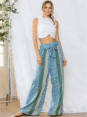 WIDE LEG MULTI PRINT SELF TIE PANTS