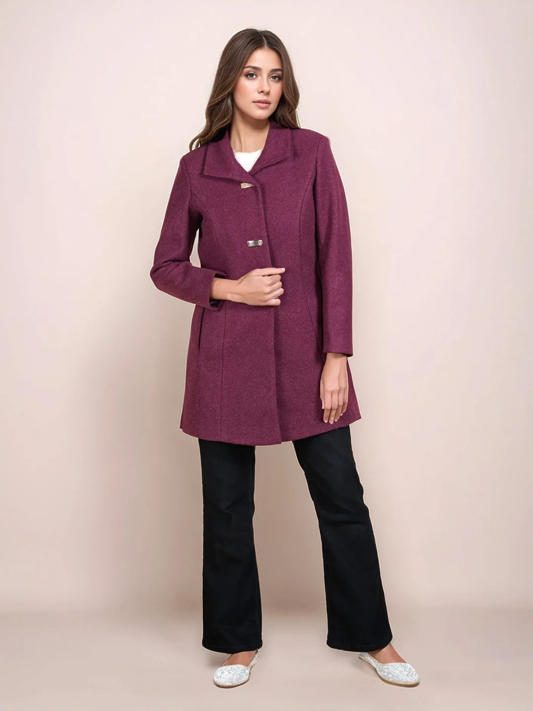 Wine Colored Solid Straight Fit Pea Coat Styled Jacket