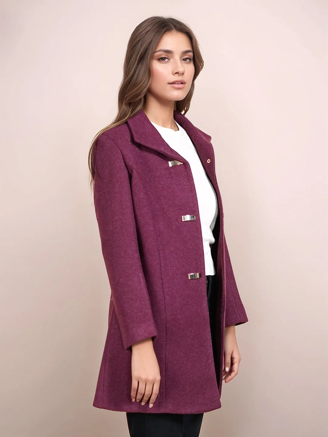 Wine Colored Solid Straight Fit Pea Coat Styled Jacket