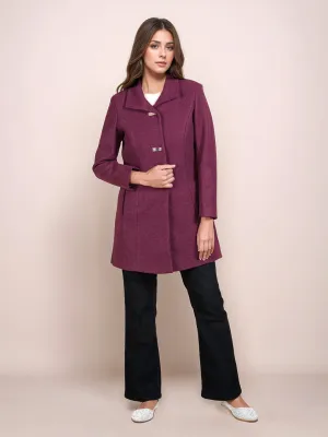 Wine Colored Solid Straight Fit Pea Coat Styled Jacket