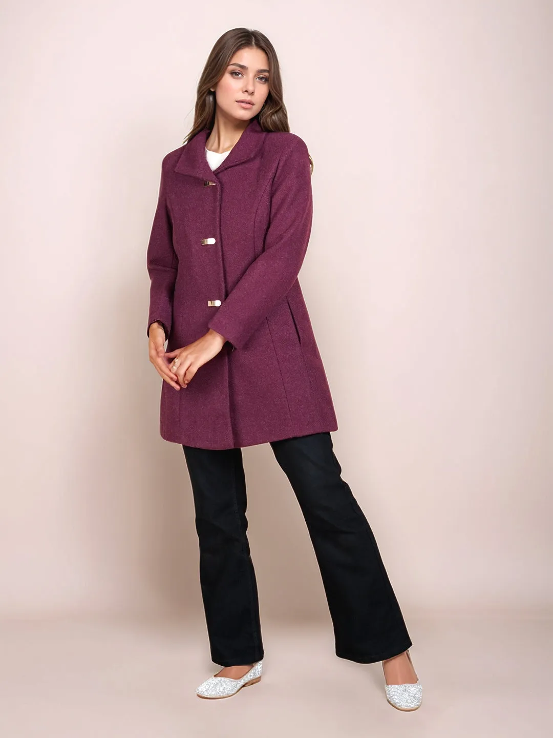 Wine Colored Solid Straight Fit Pea Coat Styled Jacket
