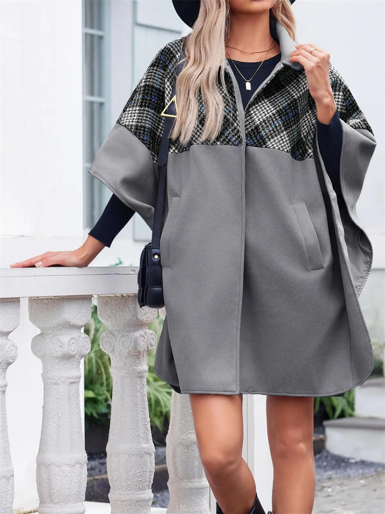 Women Plaid Pea Coat Casual Mid Length Cape Poncho Jackets with Pockets