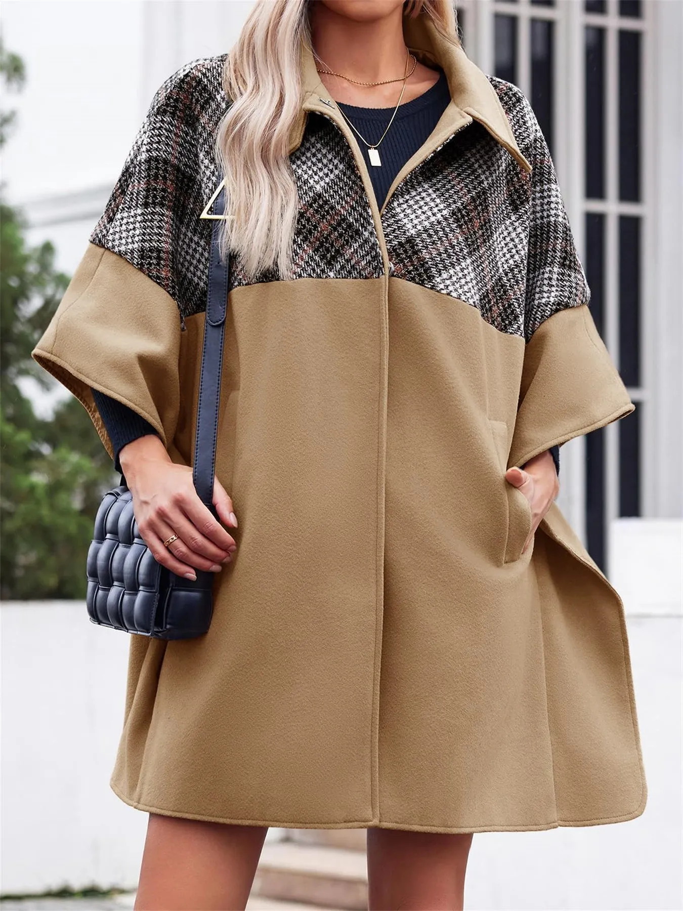 Women Plaid Pea Coat Casual Mid Length Cape Poncho Jackets with Pockets