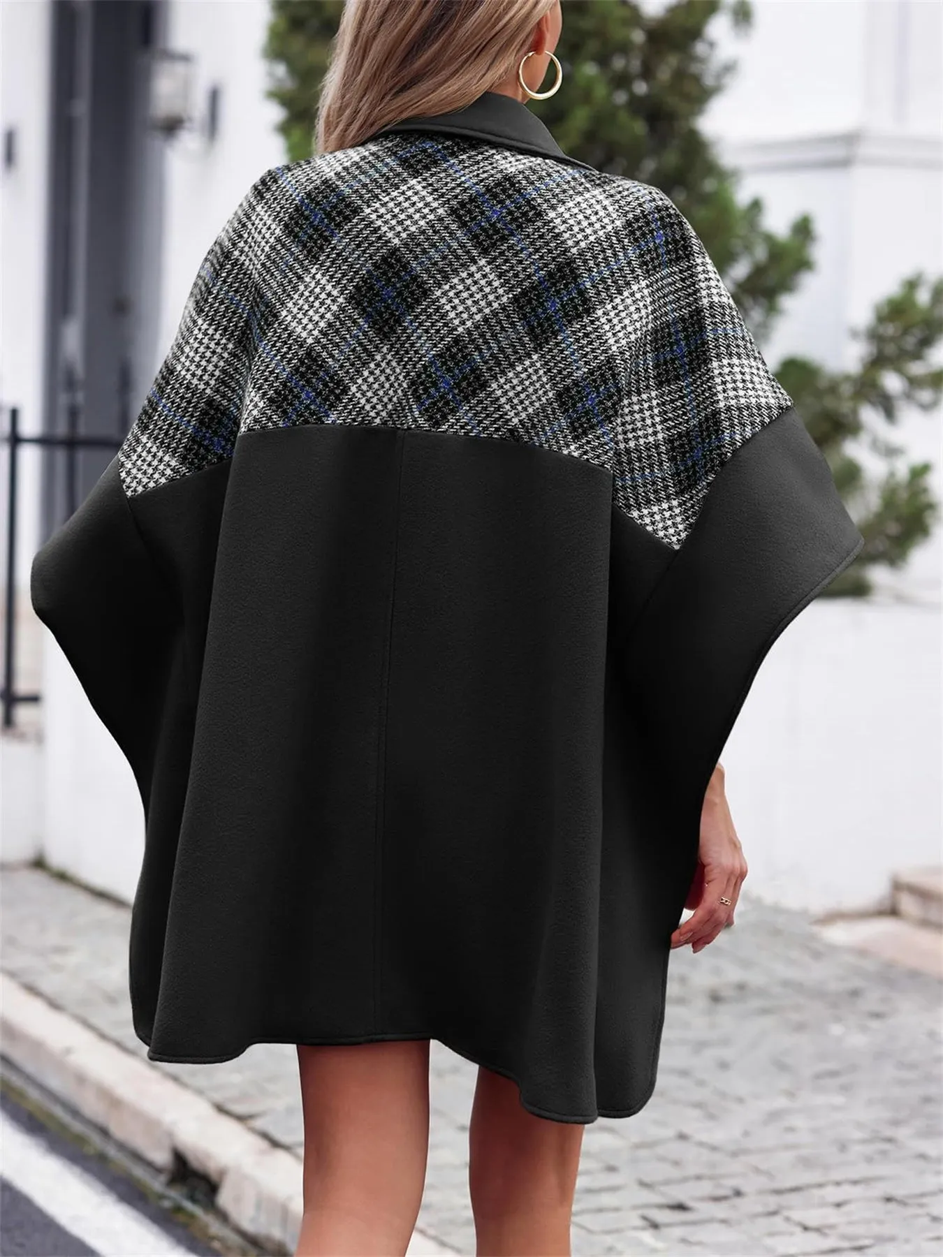 Women Plaid Pea Coat Casual Mid Length Cape Poncho Jackets with Pockets