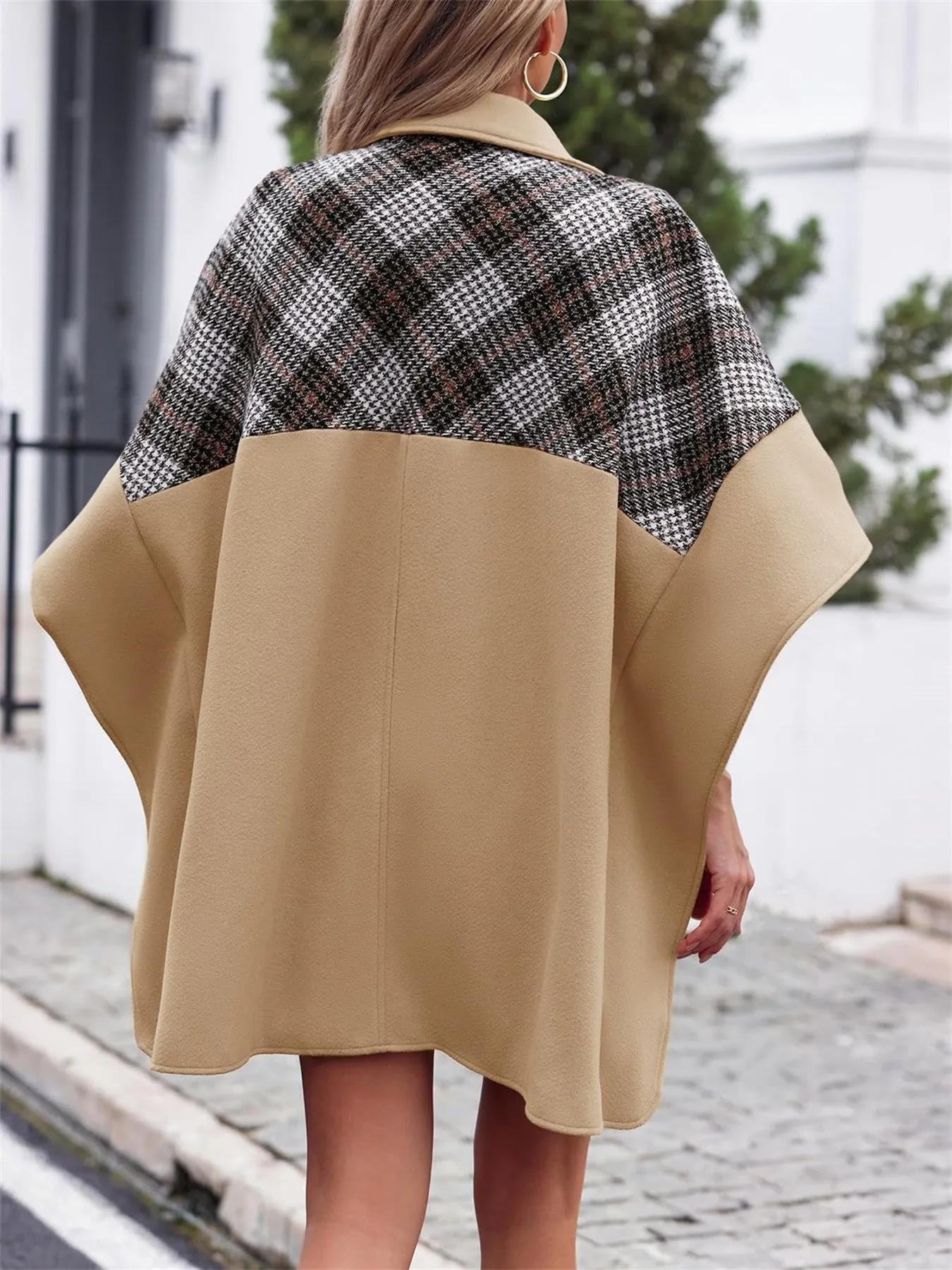 Women Plaid Pea Coat Casual Mid Length Cape Poncho Jackets with Pockets
