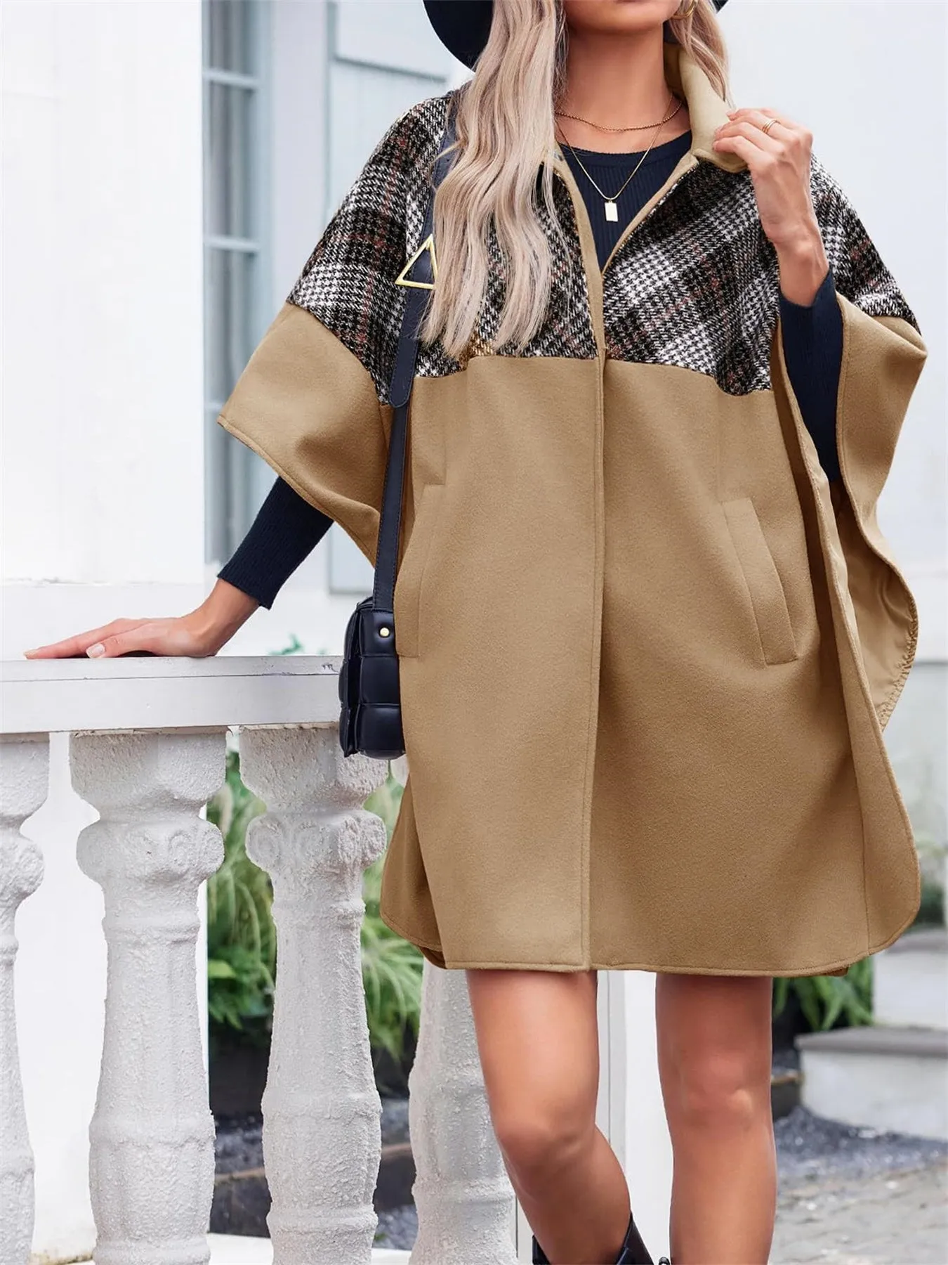 Women Plaid Pea Coat Casual Mid Length Cape Poncho Jackets with Pockets