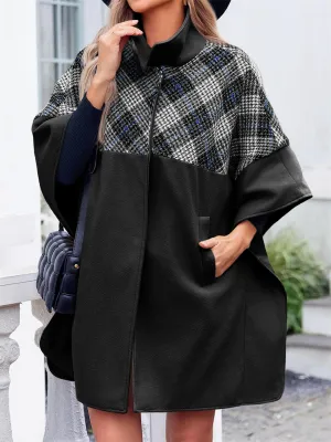 Women Plaid Pea Coat Casual Mid Length Cape Poncho Jackets with Pockets