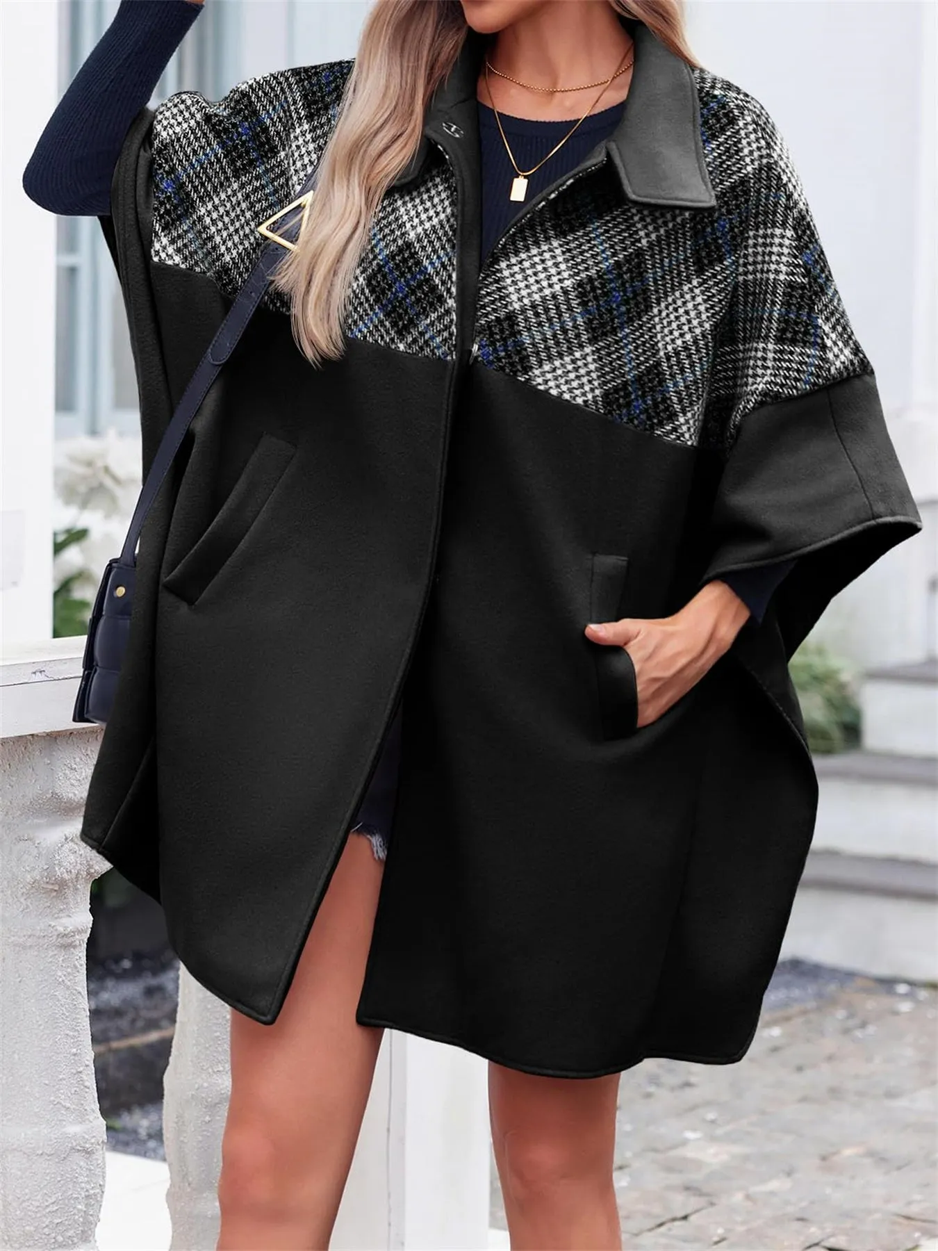 Women Plaid Pea Coat Casual Mid Length Cape Poncho Jackets with Pockets