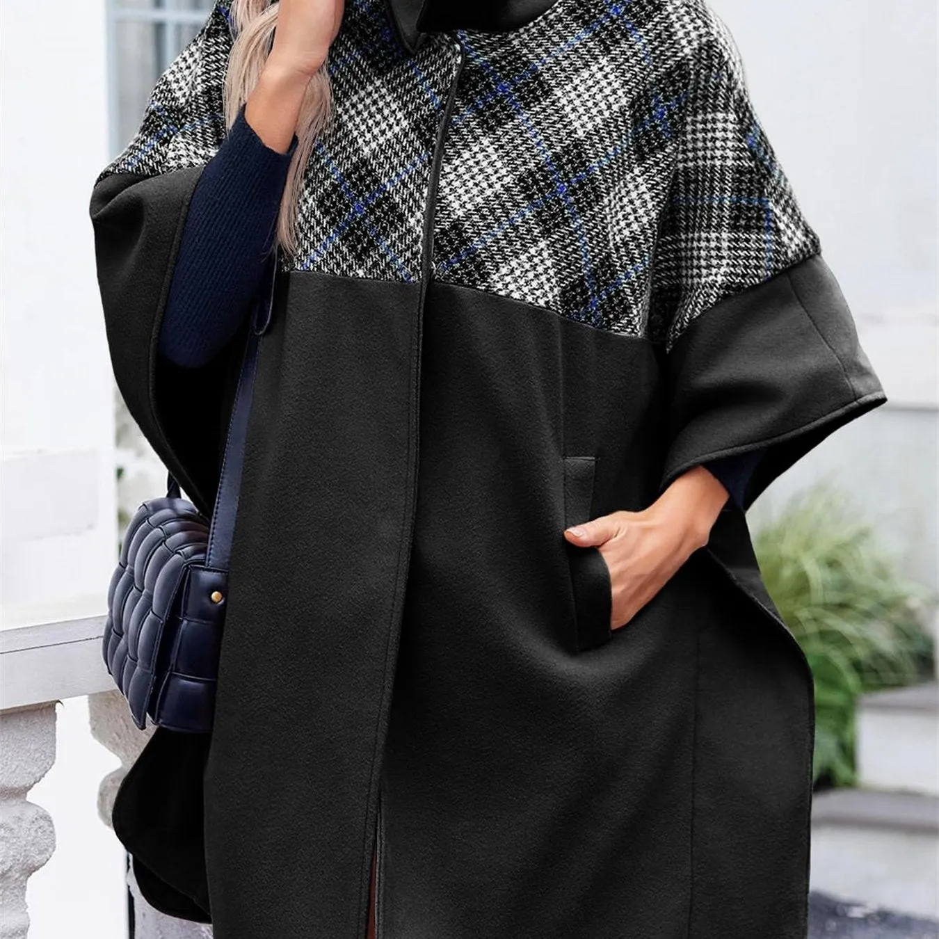 Women Plaid Pea Coat Casual Mid Length Cape Poncho Jackets with Pockets