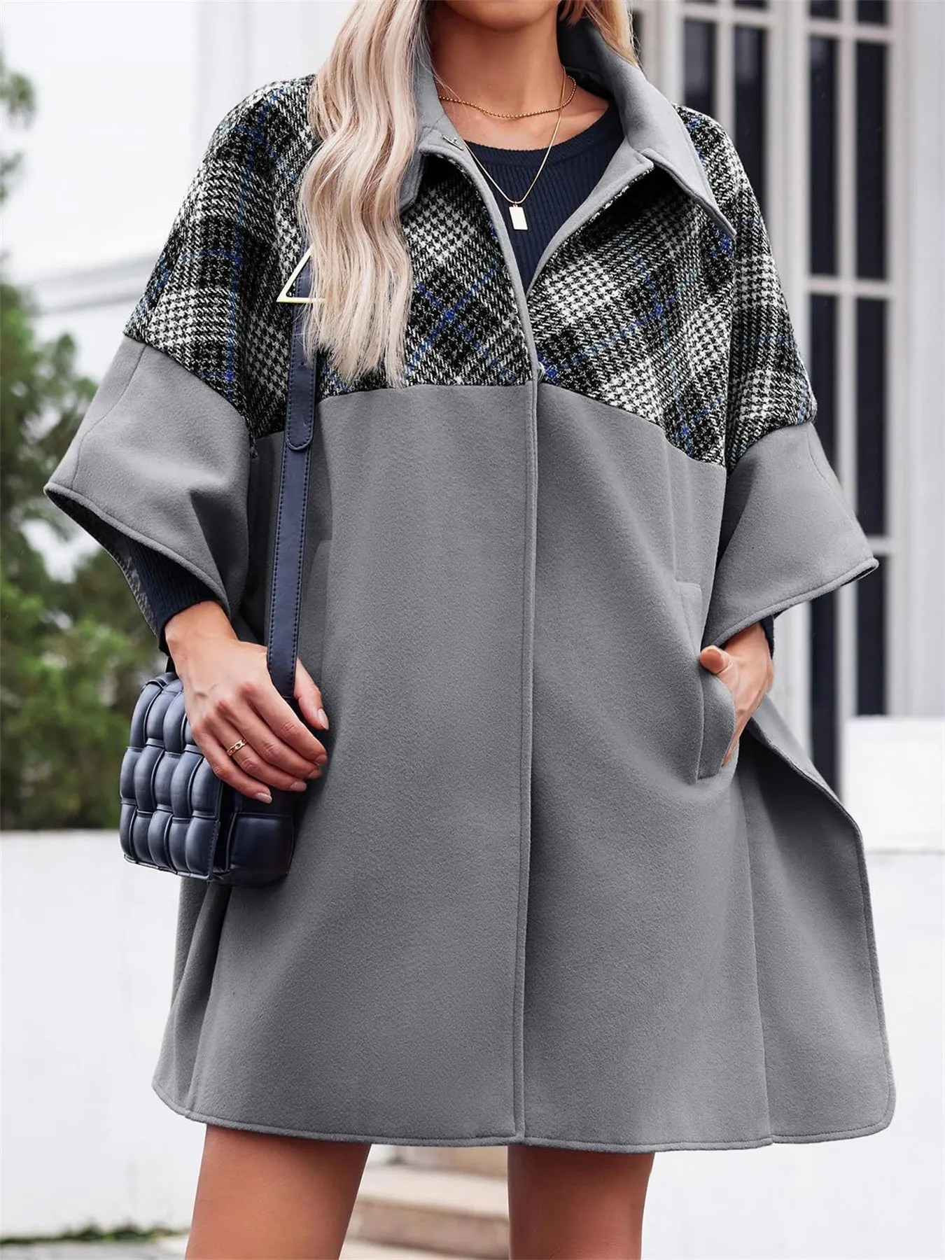 Women Plaid Pea Coat Casual Mid Length Cape Poncho Jackets with Pockets