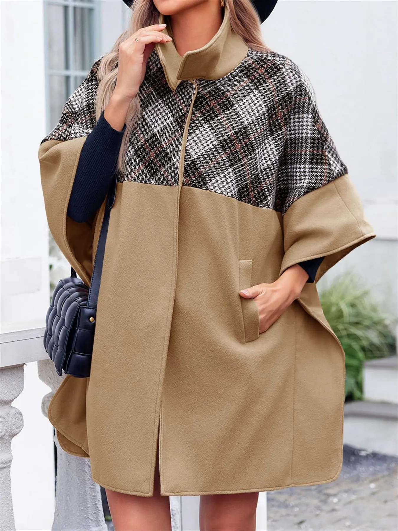 Women Plaid Pea Coat Casual Mid Length Cape Poncho Jackets with Pockets