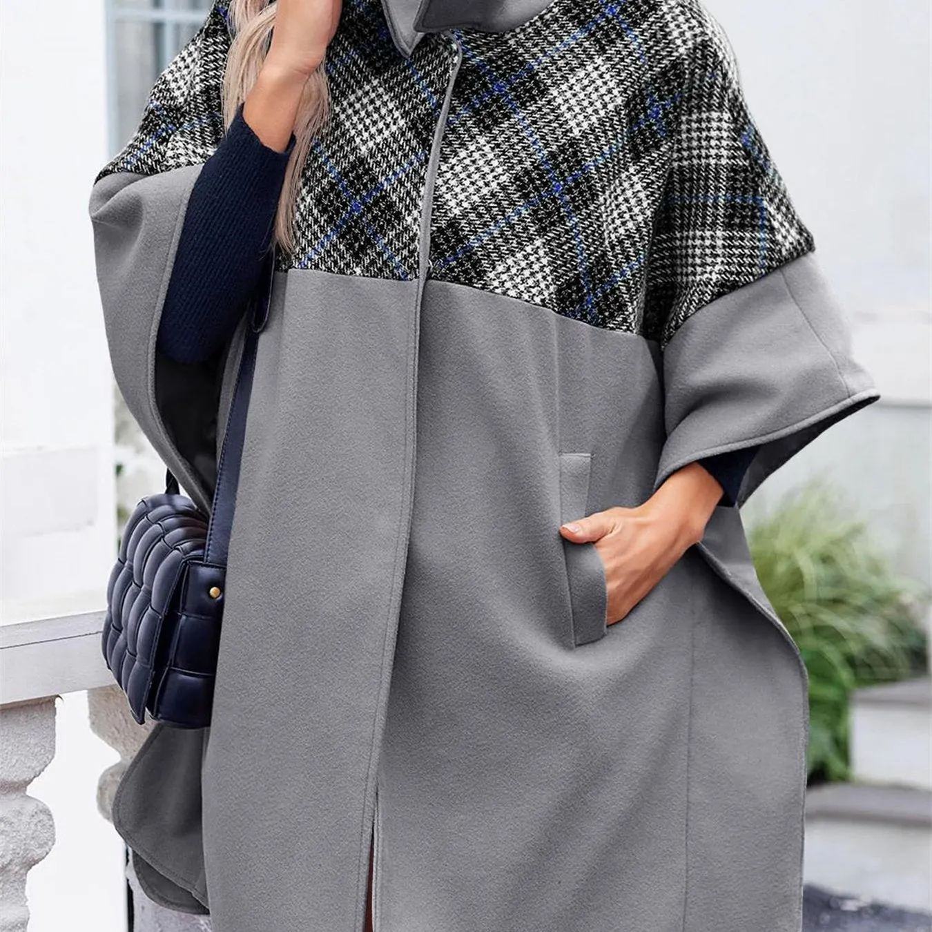 Women Plaid Pea Coat Casual Mid Length Cape Poncho Jackets with Pockets