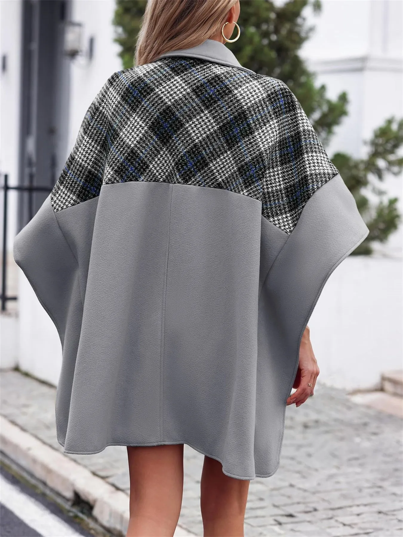 Women Plaid Pea Coat Casual Mid Length Cape Poncho Jackets with Pockets