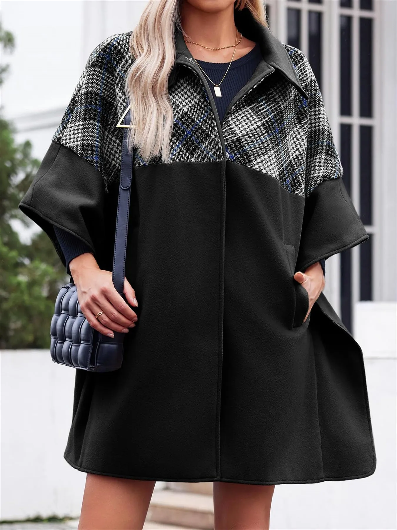 Women Plaid Pea Coat Casual Mid Length Cape Poncho Jackets with Pockets
