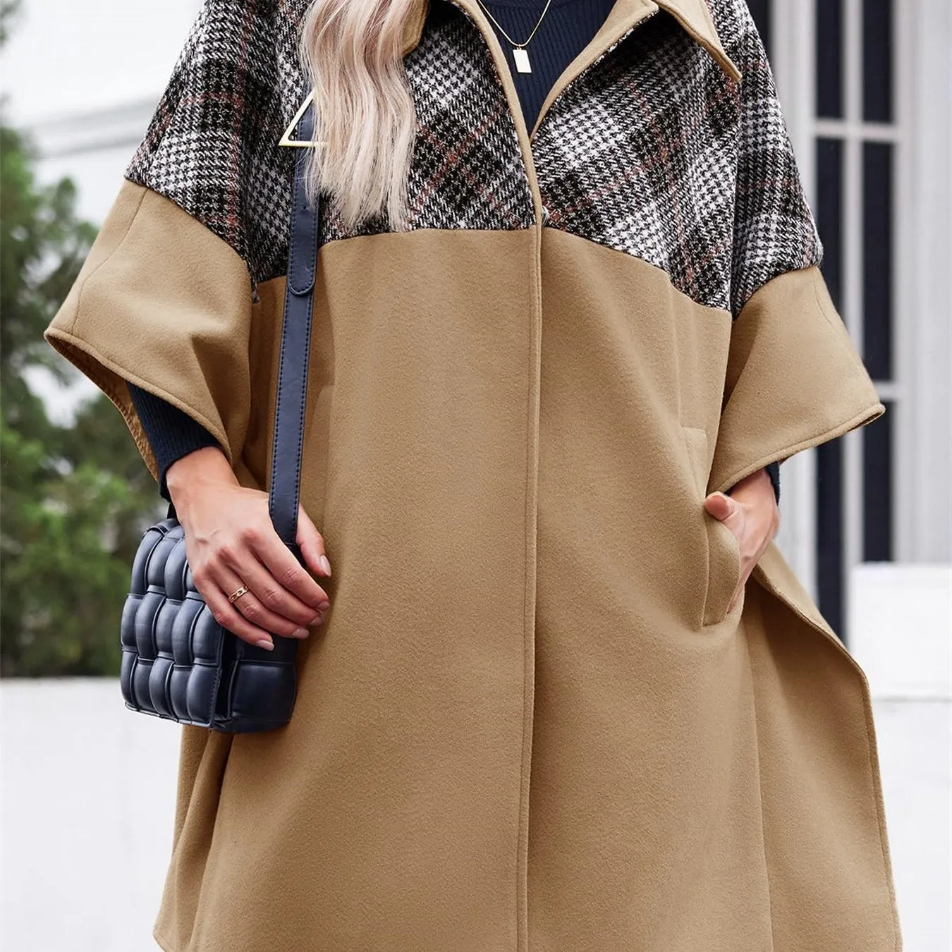 Women Plaid Pea Coat Casual Mid Length Cape Poncho Jackets with Pockets