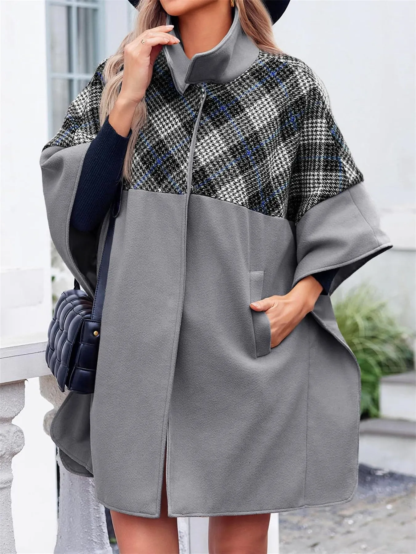 Women Plaid Pea Coat Casual Mid Length Cape Poncho Jackets with Pockets