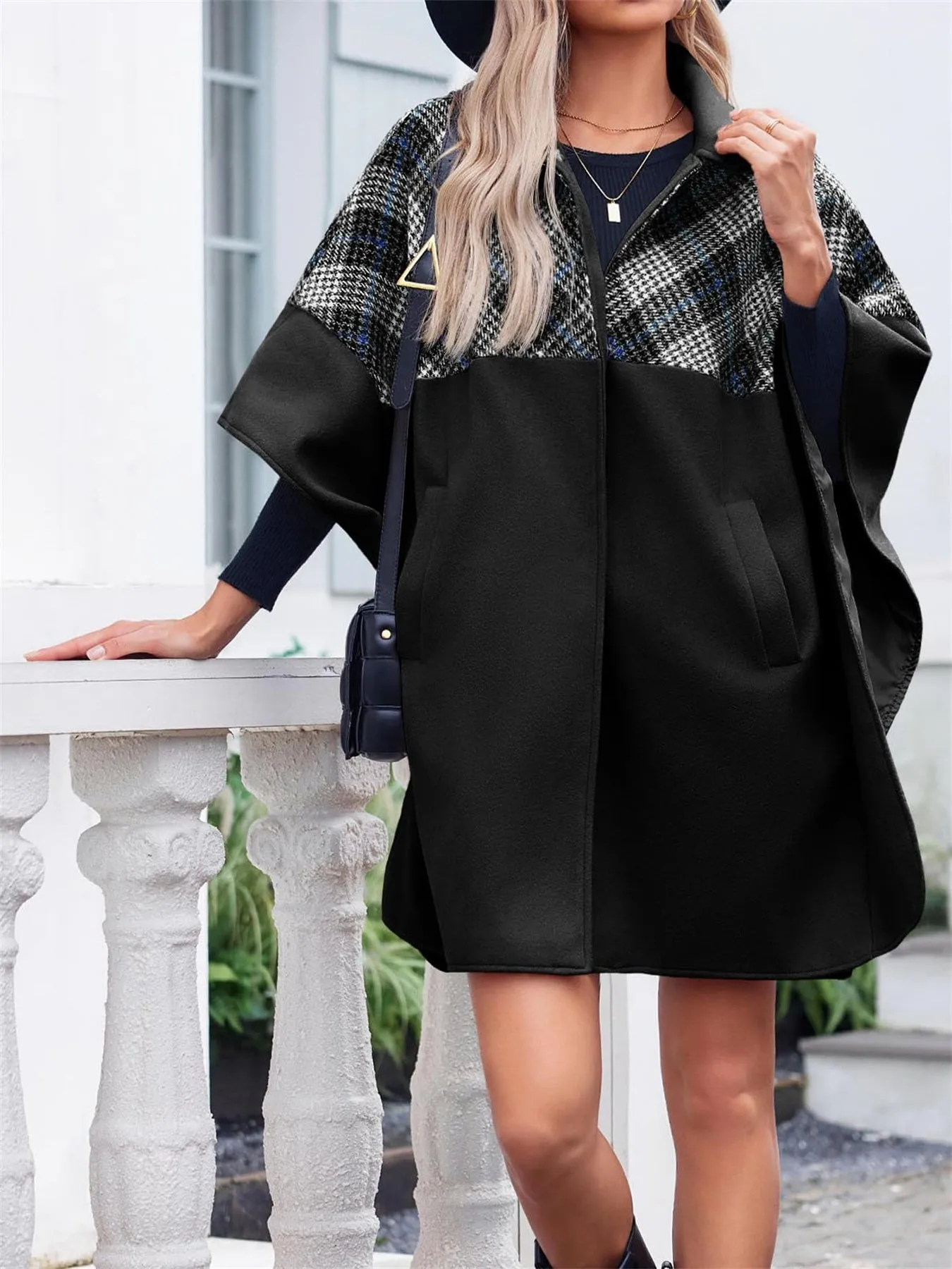 Women Plaid Pea Coat Casual Mid Length Cape Poncho Jackets with Pockets