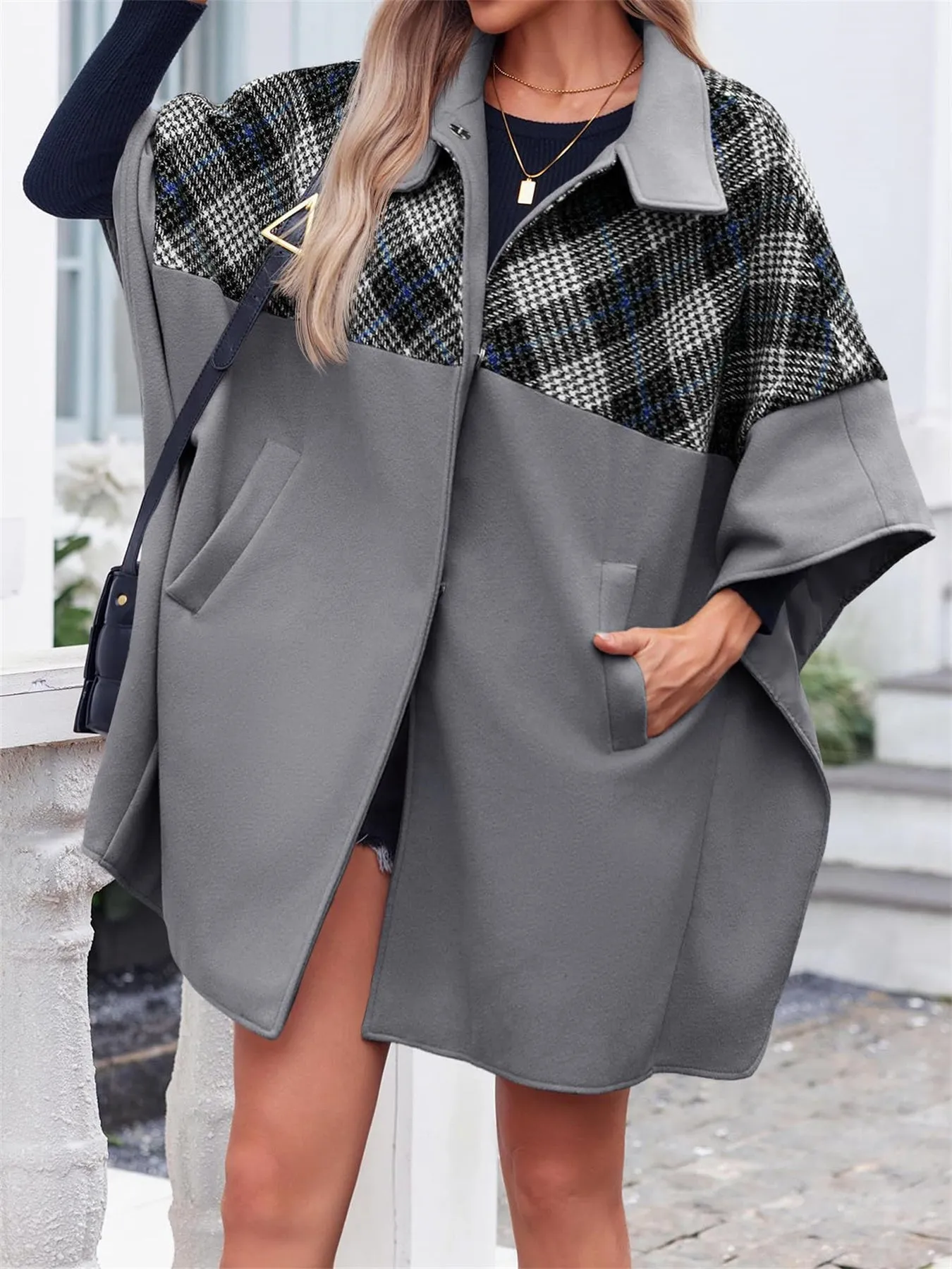 Women Plaid Pea Coat Casual Mid Length Cape Poncho Jackets with Pockets