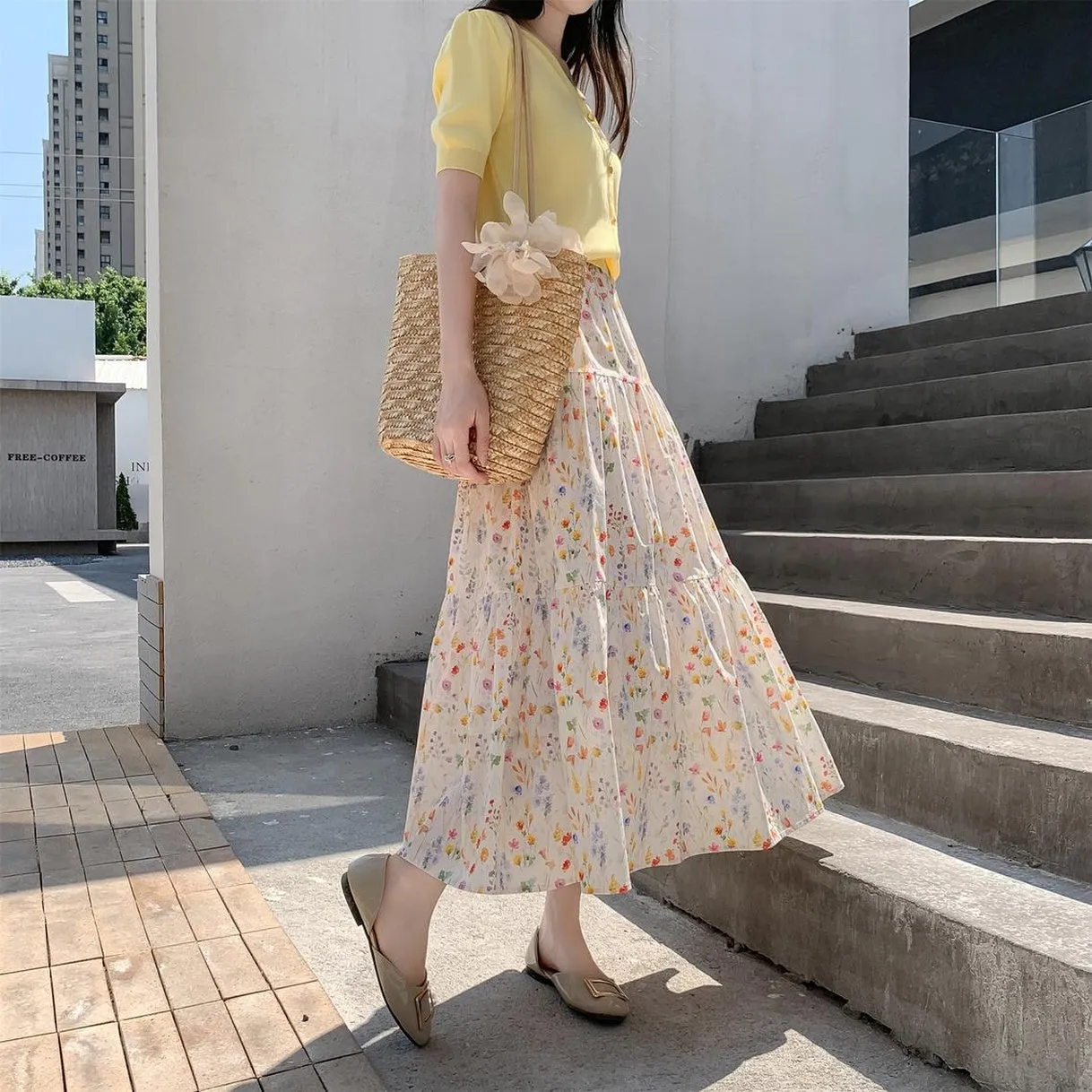 Women's A-Line Floral Print Skirt with Elastic Waist
