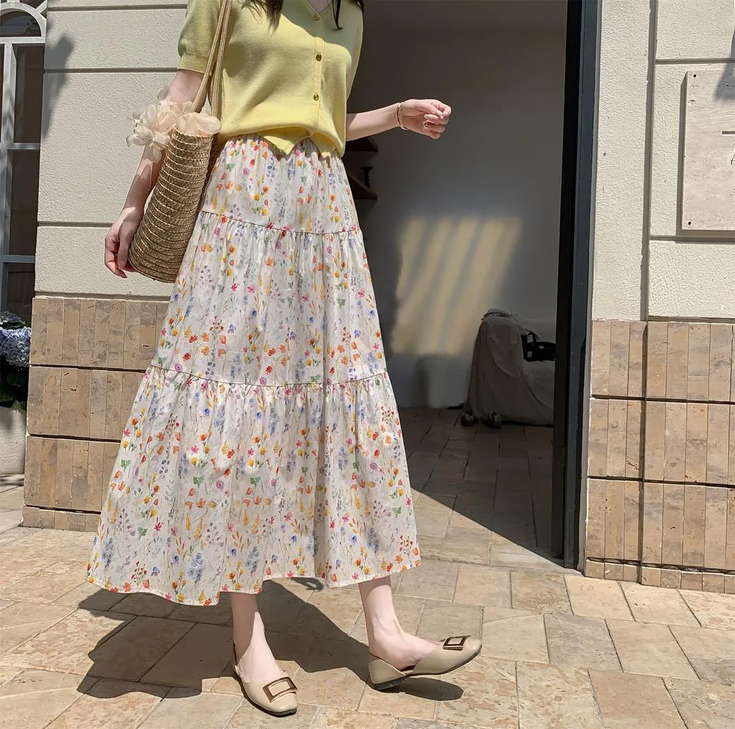 Women's A-Line Floral Print Skirt with Elastic Waist