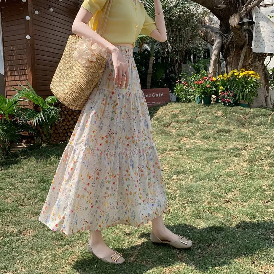 Women's A-Line Floral Print Skirt with Elastic Waist