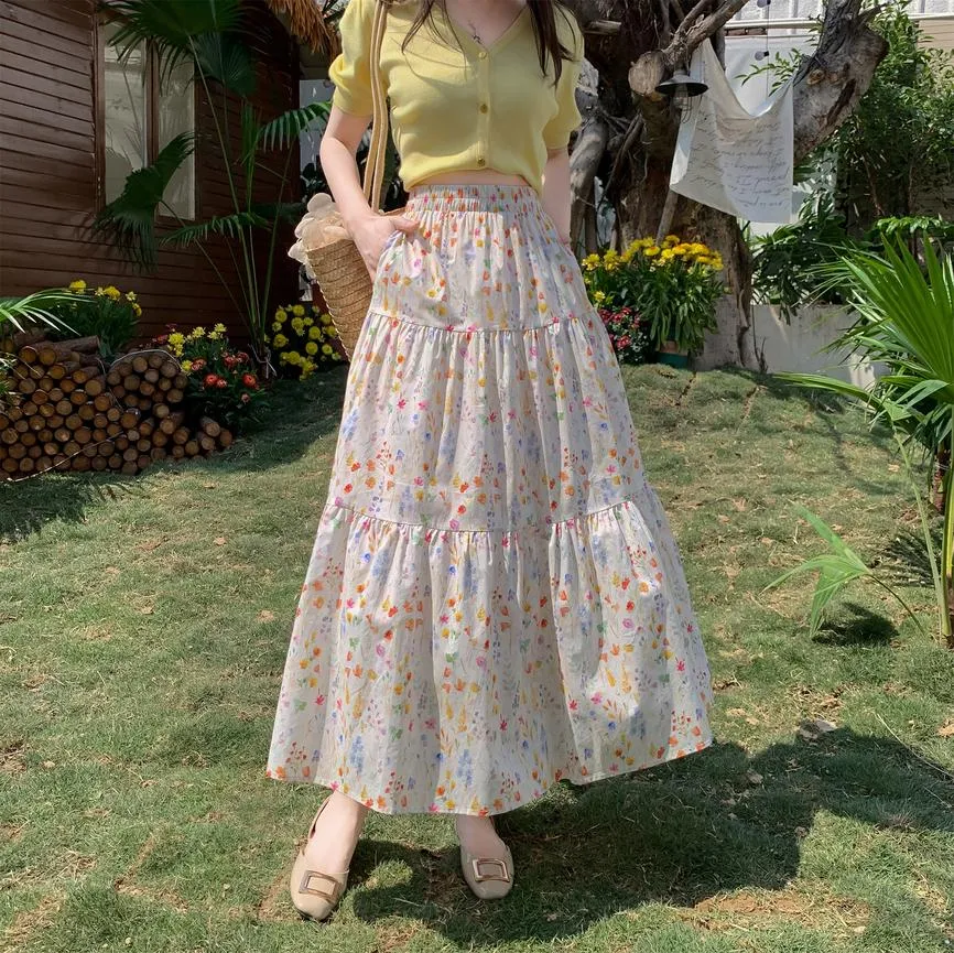 Women's A-Line Floral Print Skirt with Elastic Waist