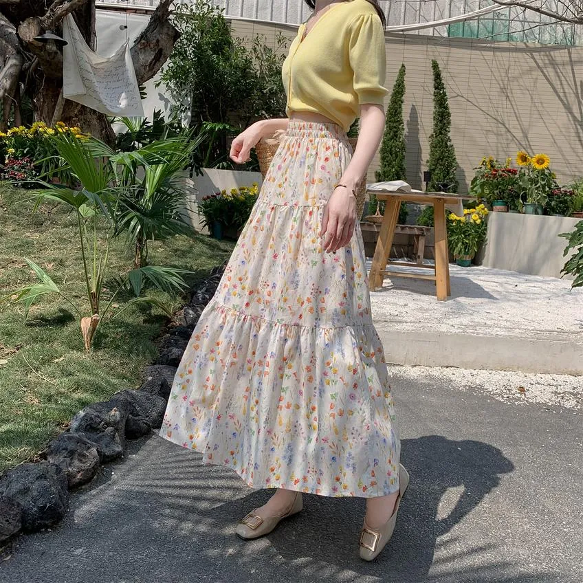 Women's A-Line Floral Print Skirt with Elastic Waist
