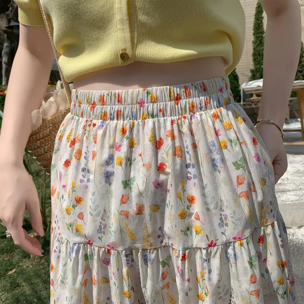 Women's A-Line Floral Print Skirt with Elastic Waist