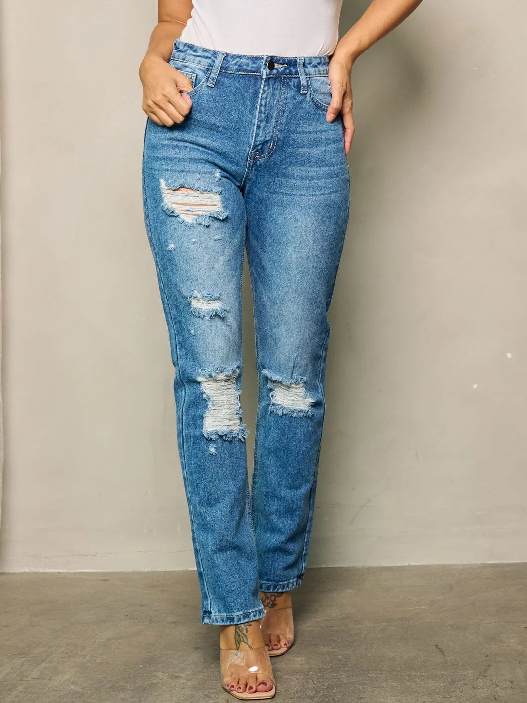 WOMEN'S BUTTON CLOSURE WIDE LEGS DISTRESSED DENIM PANTS