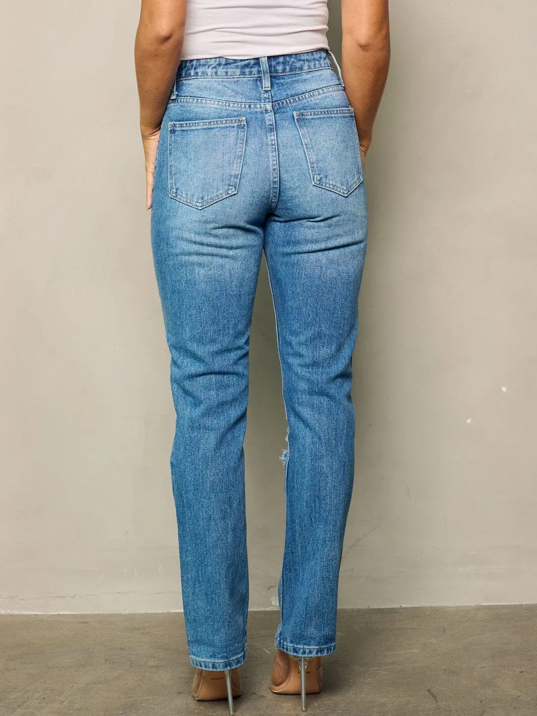 WOMEN'S BUTTON CLOSURE WIDE LEGS DISTRESSED DENIM PANTS