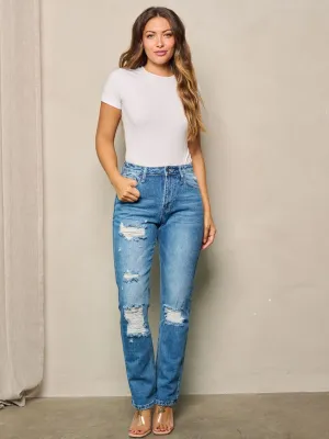 WOMEN'S BUTTON CLOSURE WIDE LEGS DISTRESSED DENIM PANTS