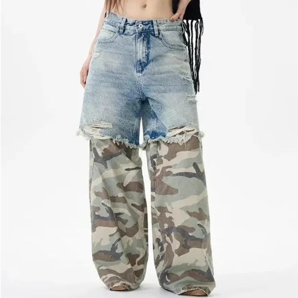 Women's Camouflage Denim Jeans – Baggy Streetwear, High-Waisted, Wide-Leg Style