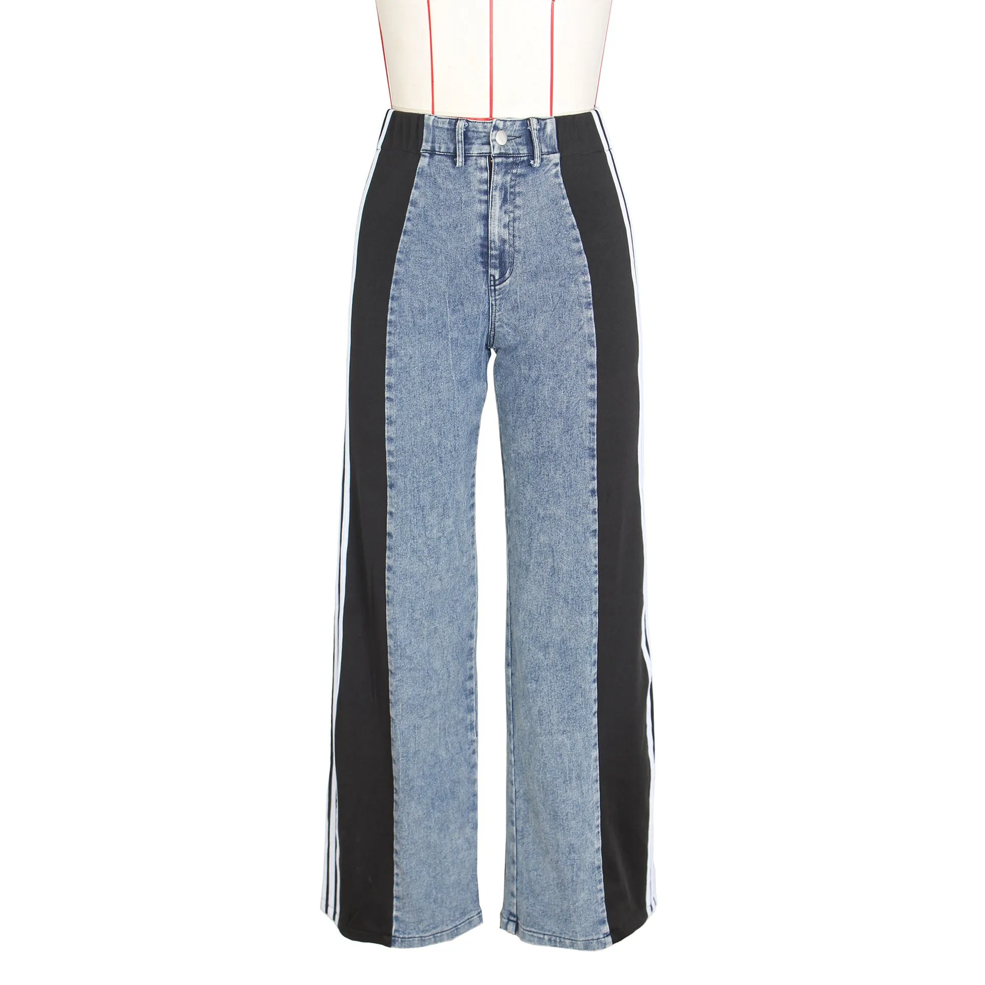 Womens Casual HighWaist Three Stripe Patchwork Denim Wide Leg Pants