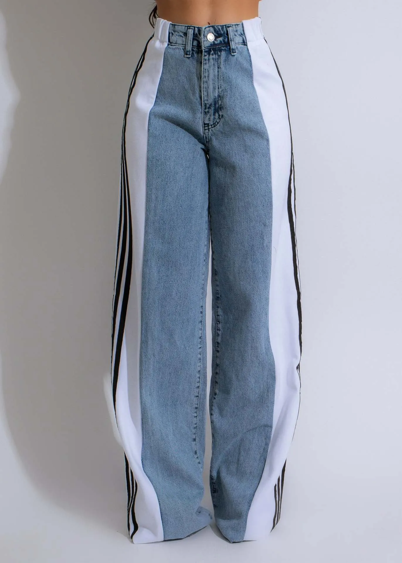 Womens Casual HighWaist Three Stripe Patchwork Denim Wide Leg Pants