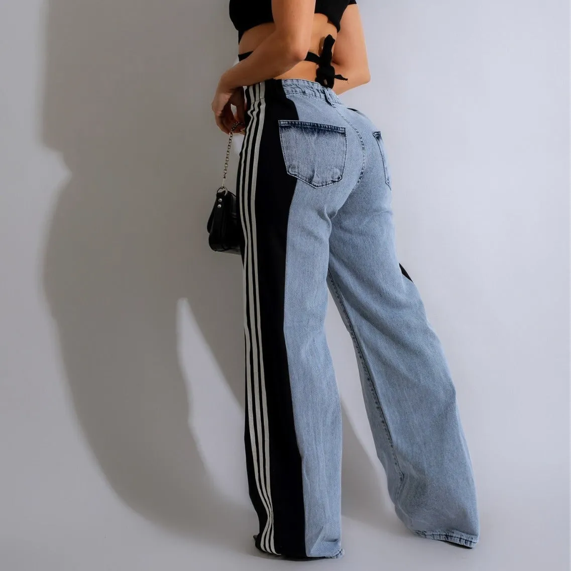 Womens Casual HighWaist Three Stripe Patchwork Denim Wide Leg Pants