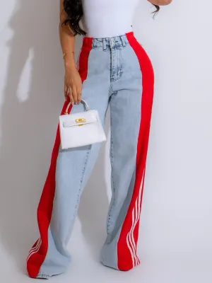 Womens Casual HighWaist Three Stripe Patchwork Denim Wide Leg Pants