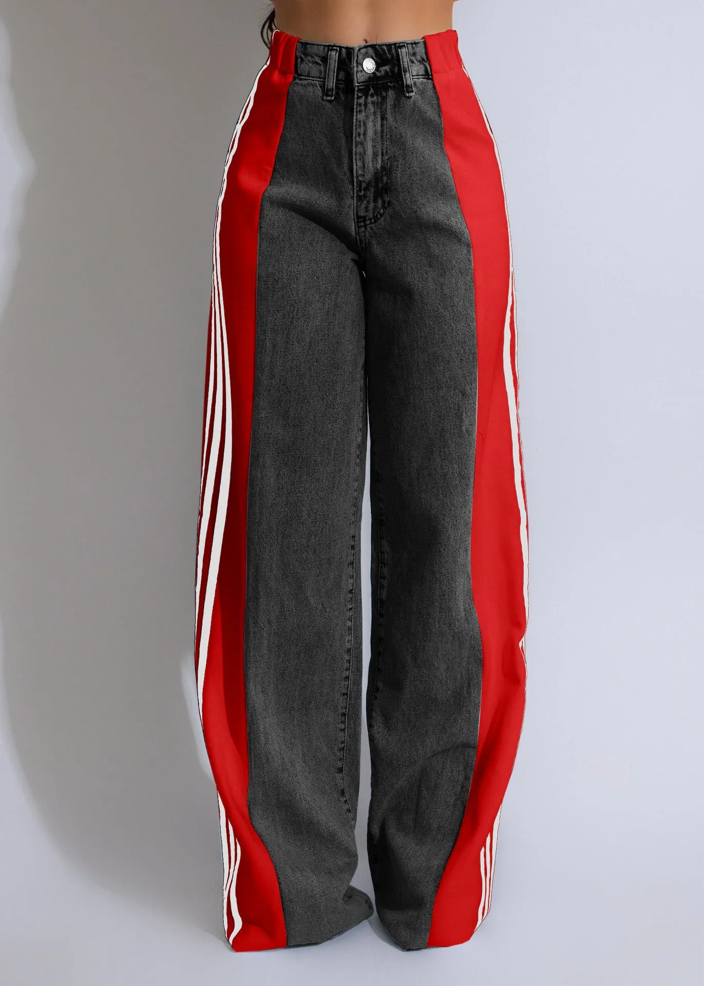 Womens Casual HighWaist Three Stripe Patchwork Denim Wide Leg Pants