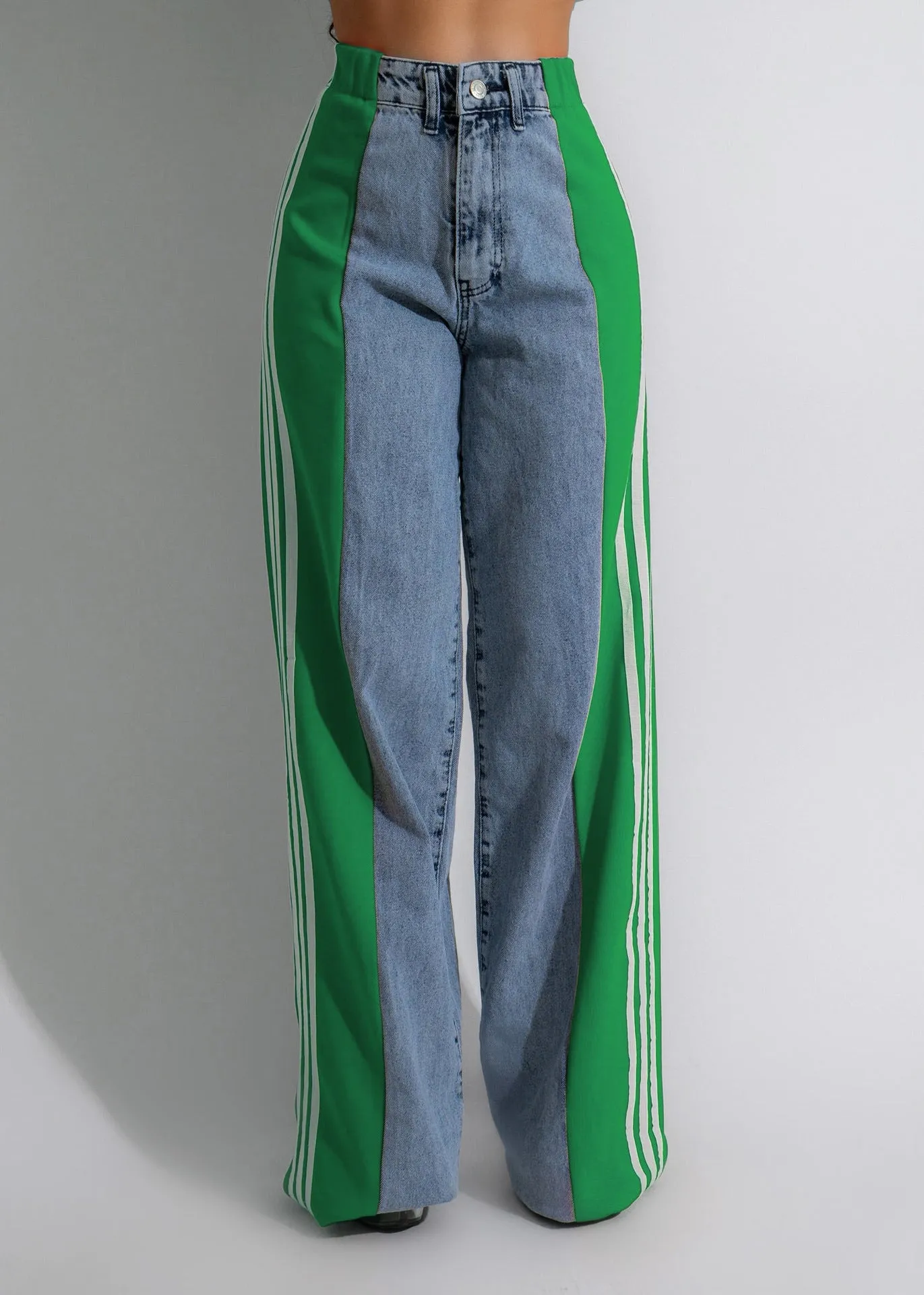 Womens Casual HighWaist Three Stripe Patchwork Denim Wide Leg Pants
