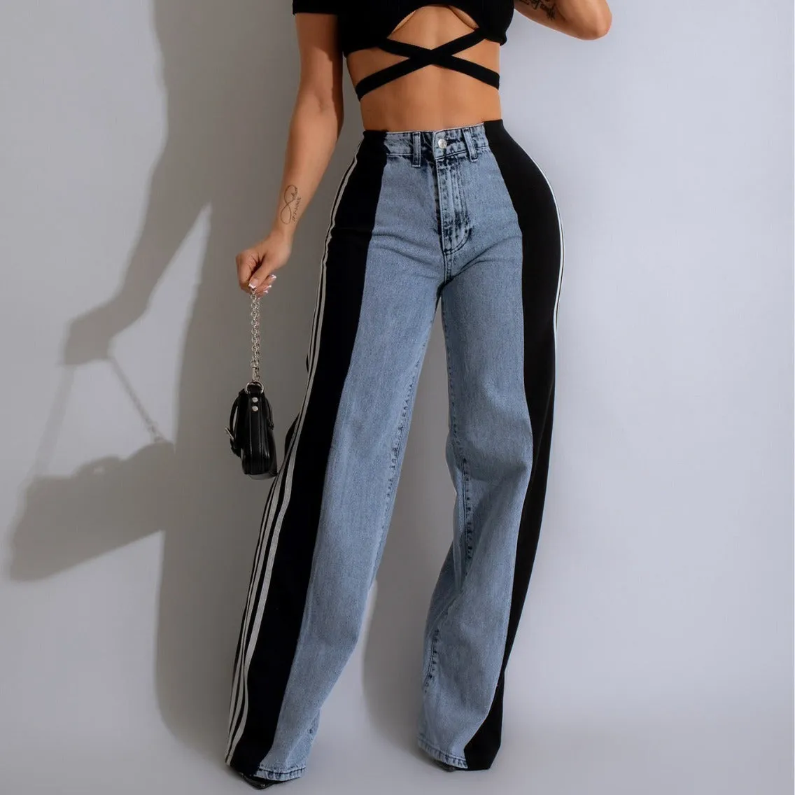 Womens Casual HighWaist Three Stripe Patchwork Denim Wide Leg Pants