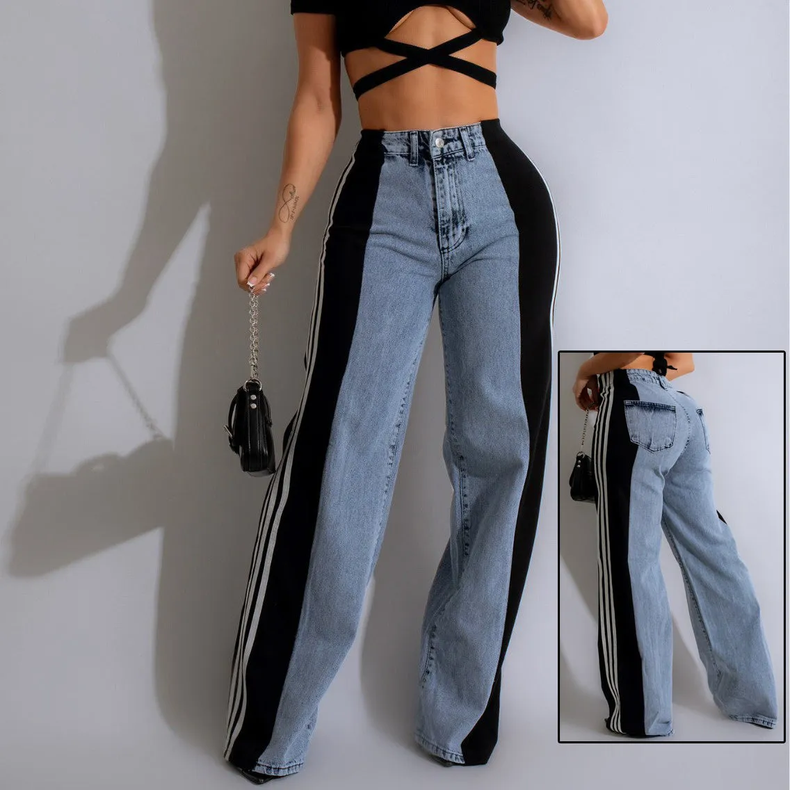 Womens Casual HighWaist Three Stripe Patchwork Denim Wide Leg Pants