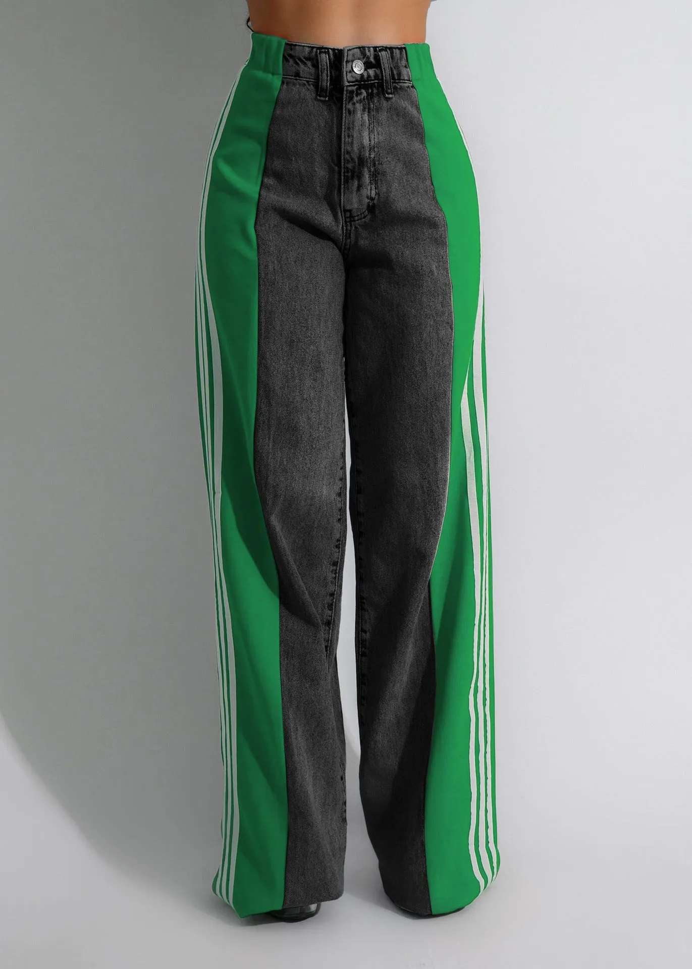 Womens Casual HighWaist Three Stripe Patchwork Denim Wide Leg Pants