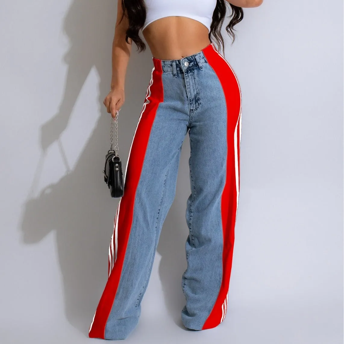 Womens Casual HighWaist Three Stripe Patchwork Denim Wide Leg Pants