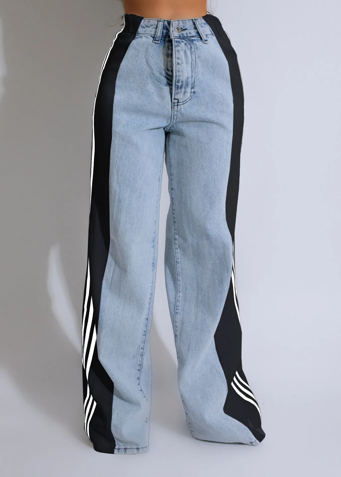 Womens Casual HighWaist Three Stripe Patchwork Denim Wide Leg Pants