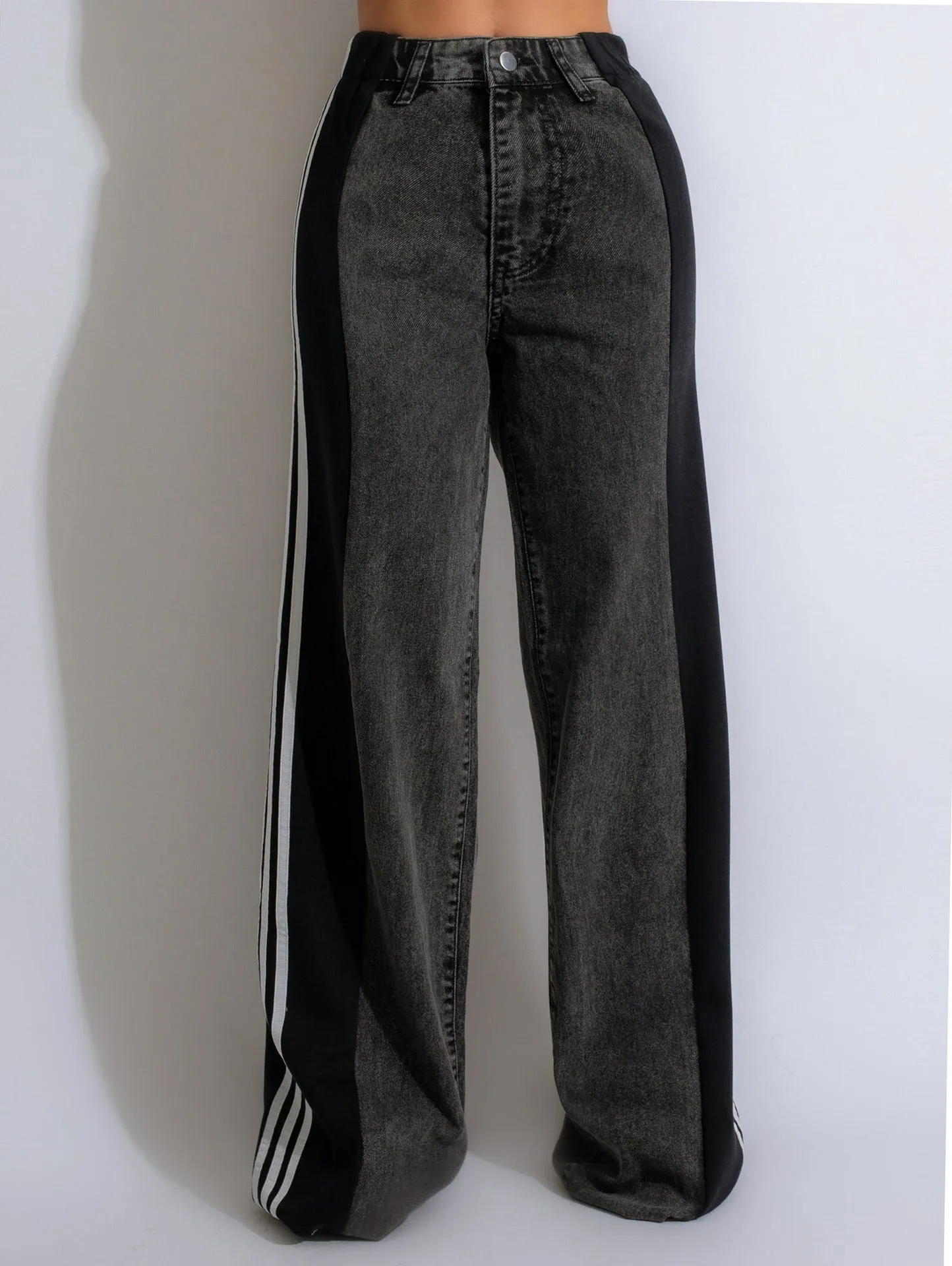 Womens Casual HighWaist Three Stripe Patchwork Denim Wide Leg Pants