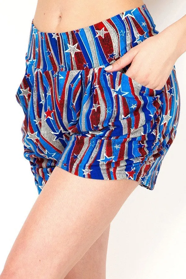 Womens Regular Flying Star 4th of July Printed Pleated Pockets Harem Shorts