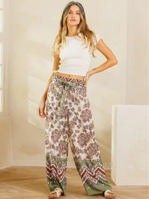 WOMEN'S WIDE LEG MULTI PRINT SELF TIE PANTS