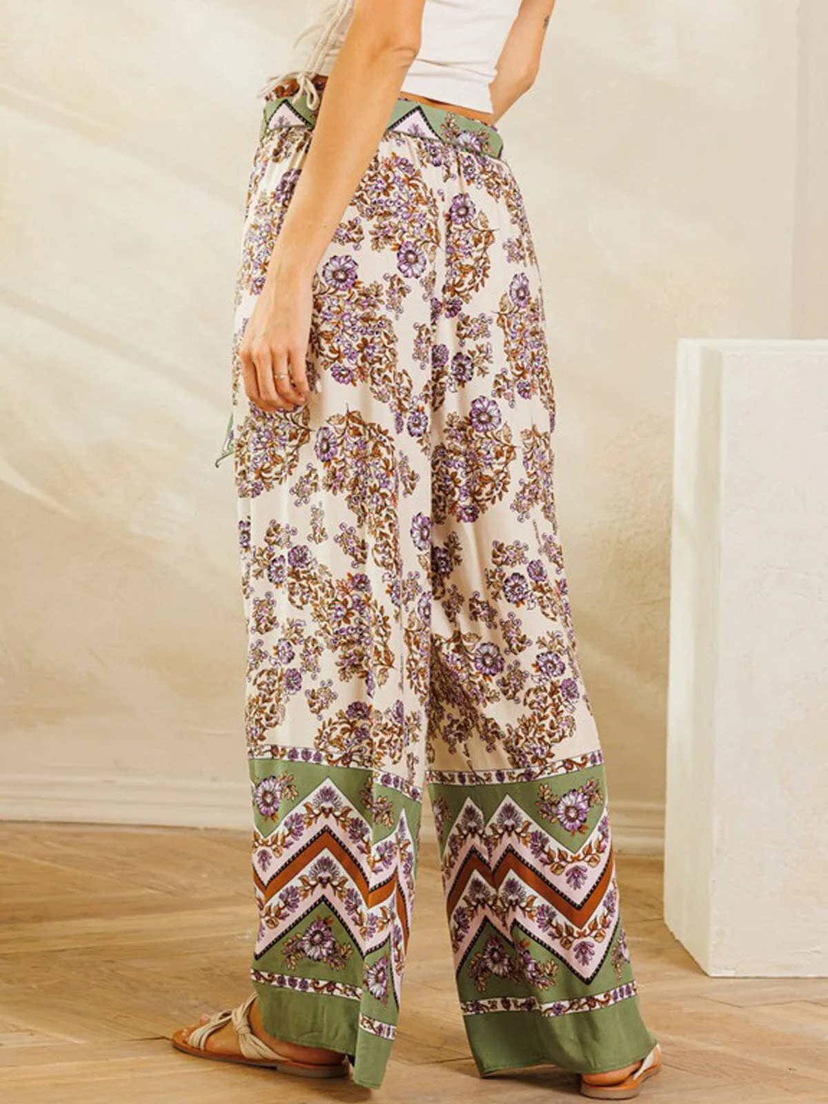 WOMEN'S WIDE LEG MULTI PRINT SELF TIE PANTS